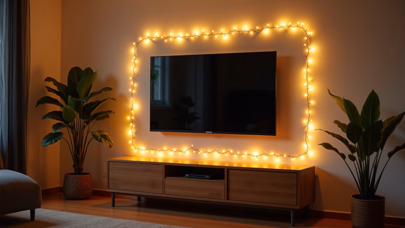 Living room with fairy lights behind TV panel, warm indirect light, cozy atmosphere, Brazilian Sala aconchegante com luzes de fada atrás do painel da TV.