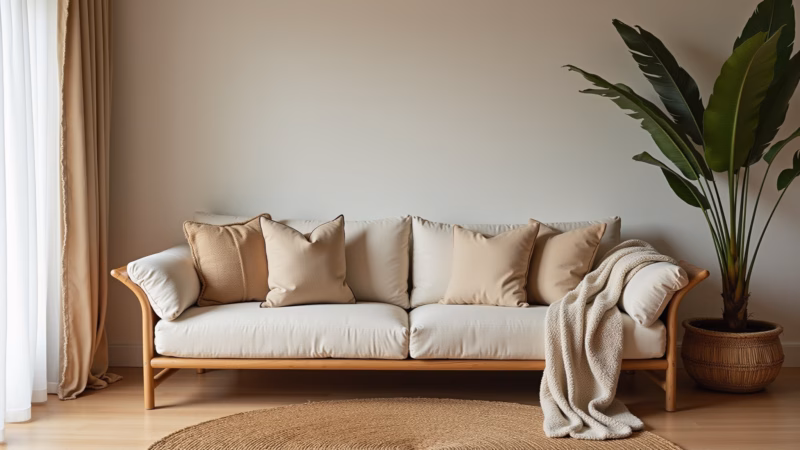 Living room with natural fabrics, linen cushions, jute rug, Brazilian design, comfortable Tecidos e texturas naturais na sala.