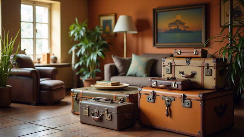 Living room with vintage suitcases, wooden chest, travel decor, Brazilian style, warm lighting, Malas e baús antigos na decoração.