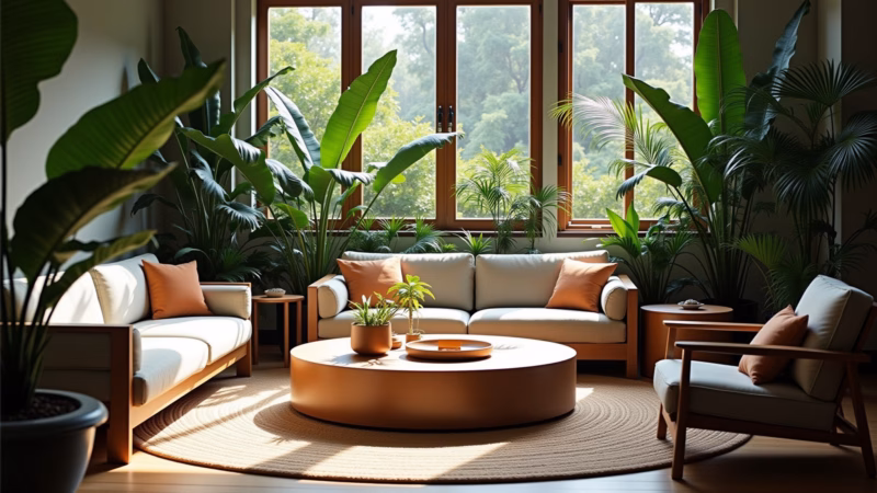 Lush living room, large plants, palm trees, ficus, vertical garden, natural light, lifestyle Sala de estar grande com plantas exuberantes e jardim vertical.