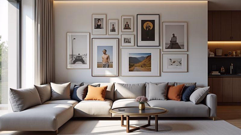 Sala masculina com quadros e obras de arte.