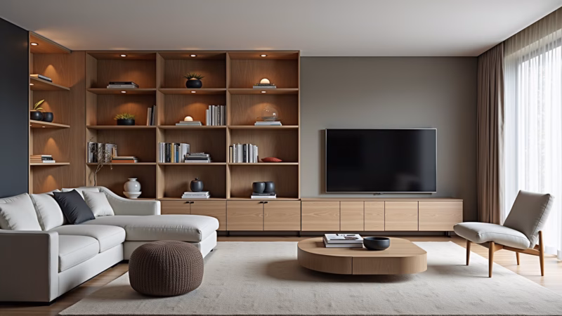 Sala masculina com nichos e prateleiras para organização.