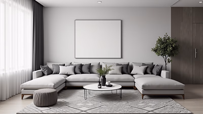 Sala minimalista em preto e branco com decoração simples.