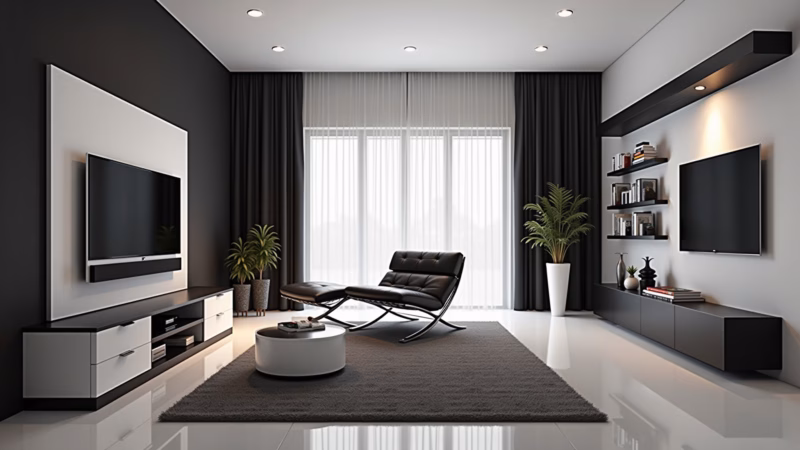 Sala moderna em preto e branco com móveis de design.