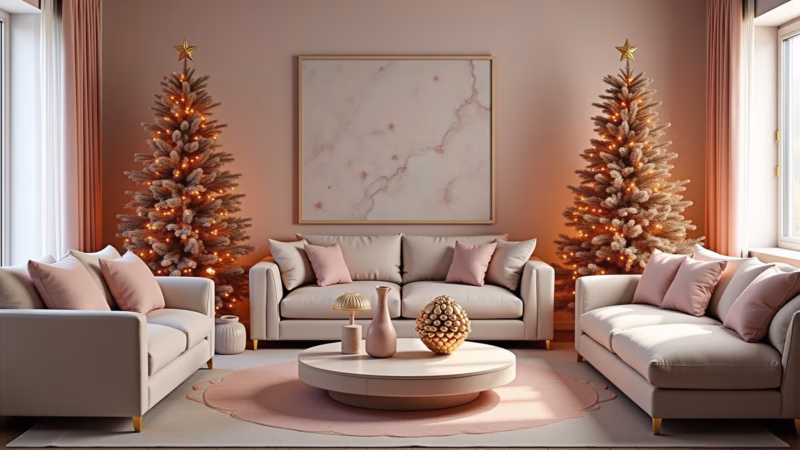 Sala de Natal moderna com cores rosa e dourado.