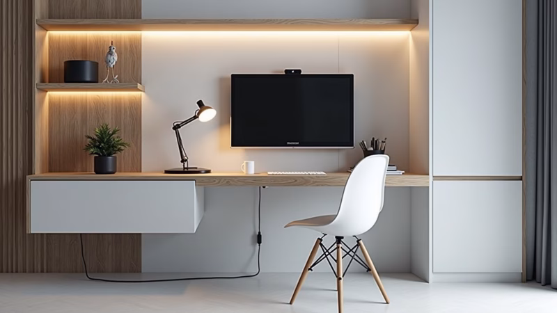 Home office moderno e tecnológico na sala.
