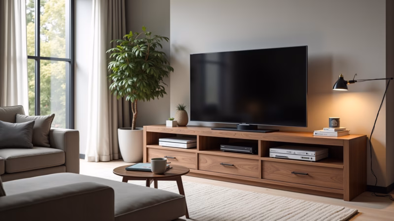 Modern living room, featuring a TV rack made of eucalyptus wood with a dark stain, showcasing its Rack de TV de eucalipto com acabamento escuro.