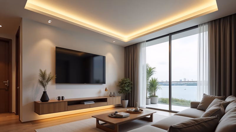Sala moderna com iluminação LED minimalista.