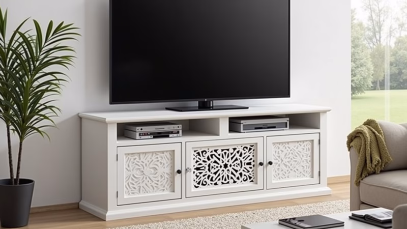 Modern living room, minimalist style, featuring a TV rack made of MDF with detailed carvings and a Rack de TV de MDF com acabamento detalhado em branco.