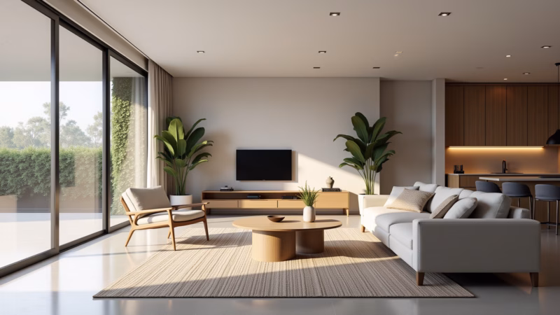 Modern living room, open space, neutral colors, large windows, minimalist decor, lifestyle Sala de estar moderna e ampla com decoração minimalista e janelas grandes.