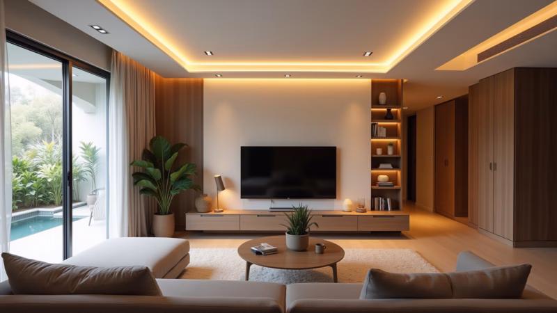 Sala de estar moderna com iluminação LED embutida no teto.