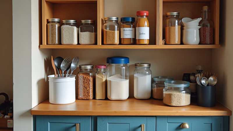 Caixas organizadoras em cozinha compacta.