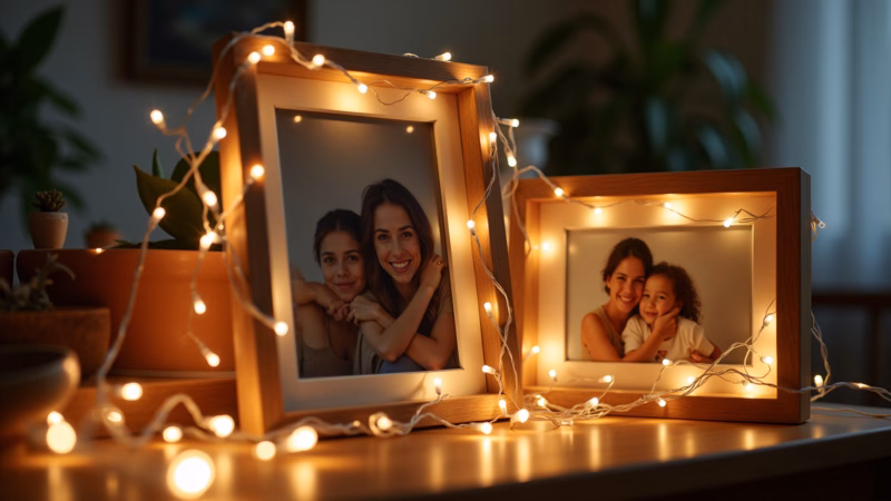 Picture frames wrapped in fairy lights, highlighting memories, warm light, Brazilian home, intimate Quadros e fotos com molduras decoradas com fio de fada.