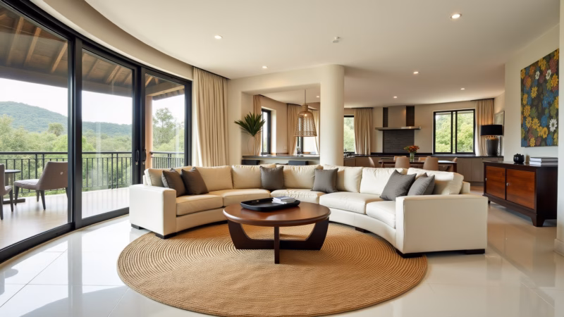 Tapete de sisal redondo em sala, criando um ponto focal.