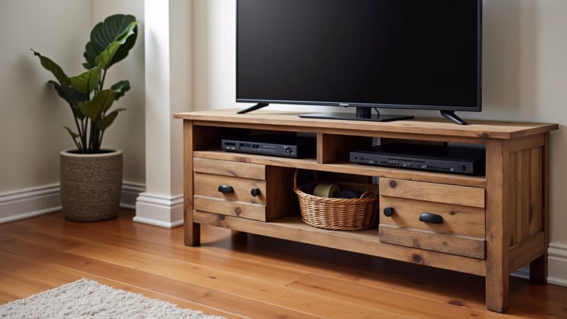Rustic living room, featuring a TV rack made of reclaimed wood with visible textures and Rack de TV de madeira de demolição em sala rústica.