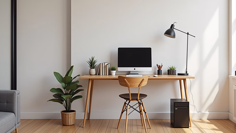 Cantinho home office simples e funcional na sala.