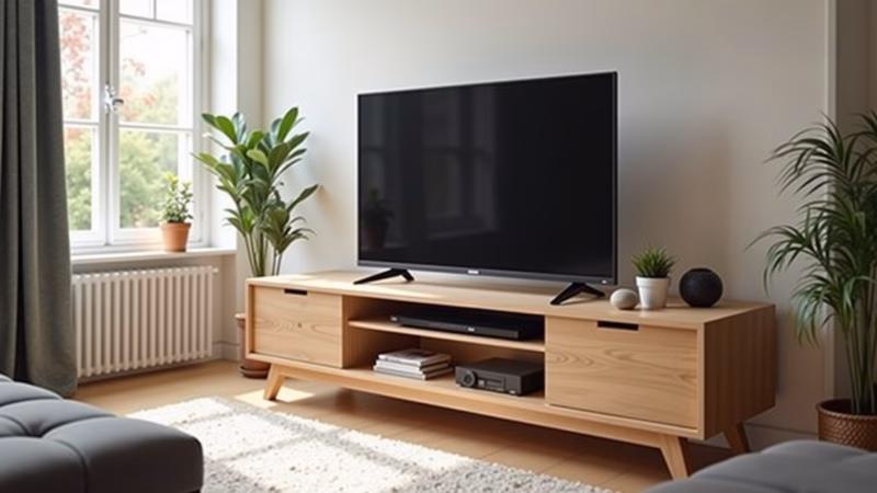 Simple living room, featuring a lightweight TV rack made of plywood with a natural wood finish, Rack de TV de compensado com acabamento natural.