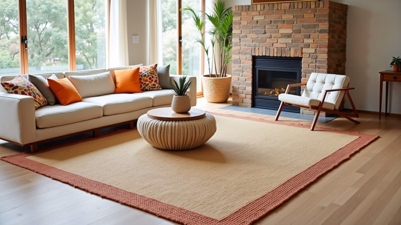Tapete de sisal com borda de algodão em sala moderna.