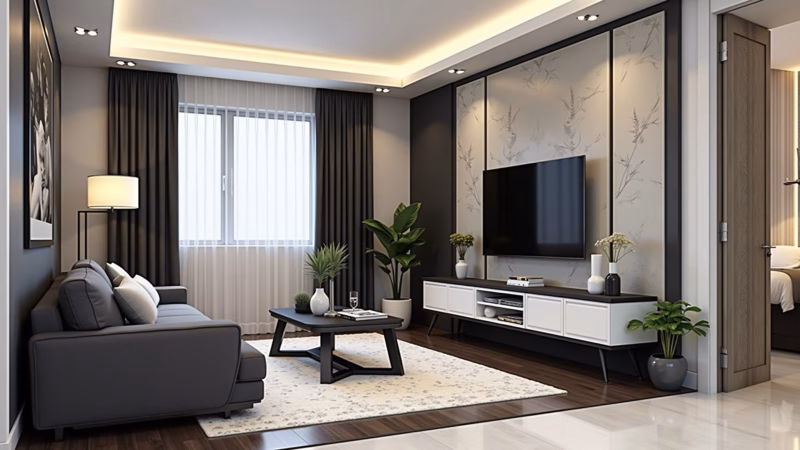 Sala pequena em preto e branco com espelhos.