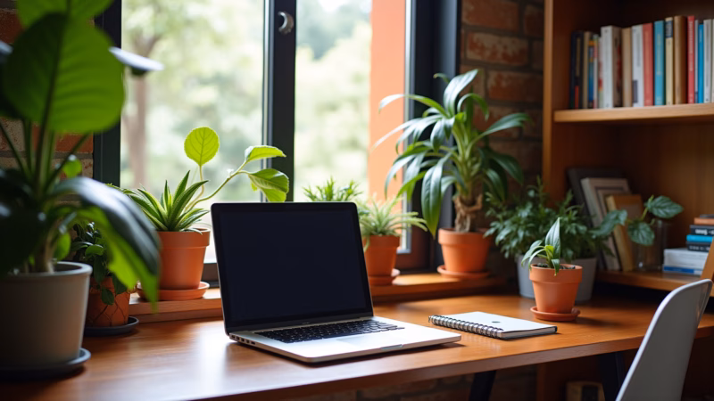 Cantinho home office pequeno e organizado na sala.