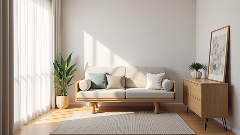 Sala pequena decorada com futon otimizando espaço.