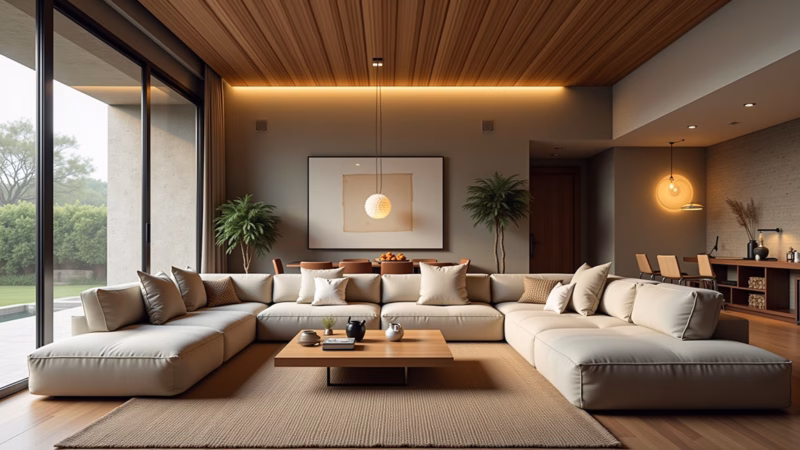 Spacious living room, large furniture, sectional sofa, coffee table, rug, warm colors, lifestyle Sala de estar espaçosa com móveis grandes e tapete aconchegante.
