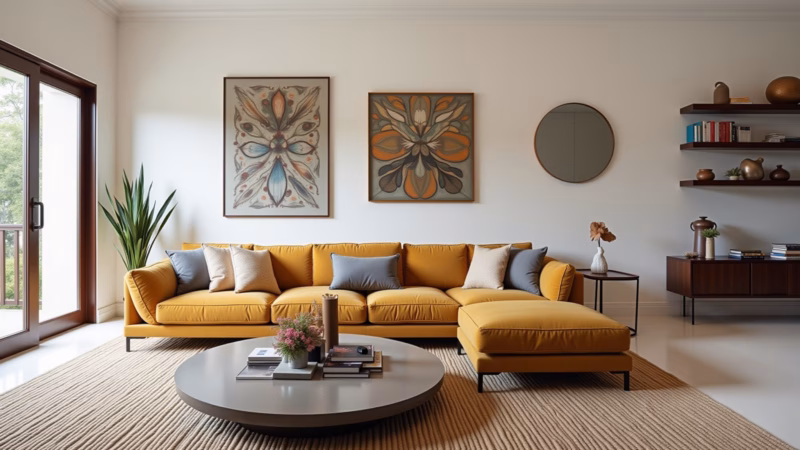 Stylish living room, art on walls, mirrors, shelves, decorative objects, lifestyle photography, 8k Sala de estar com paredes decoradas com quadros e objetos de arte.