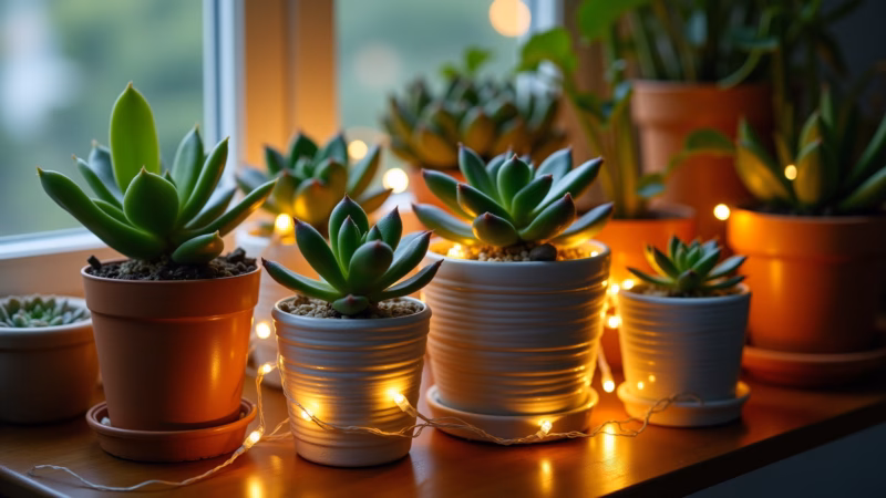 Succulents and potted plants wrapped in fairy lights, highlighting natural beauty, Brazilian home, Vasos de suculentas decorados com fio de fada.