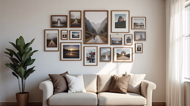 Travel photo gallery wall in living room, diverse frames, personal memories, natural light, Galeria de fotos de viagem na sala.