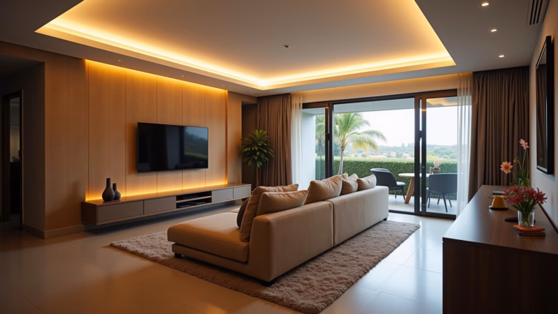 Sala bem iluminada com luz indireta de LED.