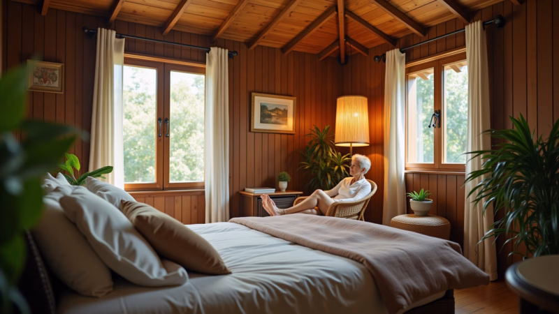 Quarto aconchegante com forro de madeira Tauari e iluminação quente.