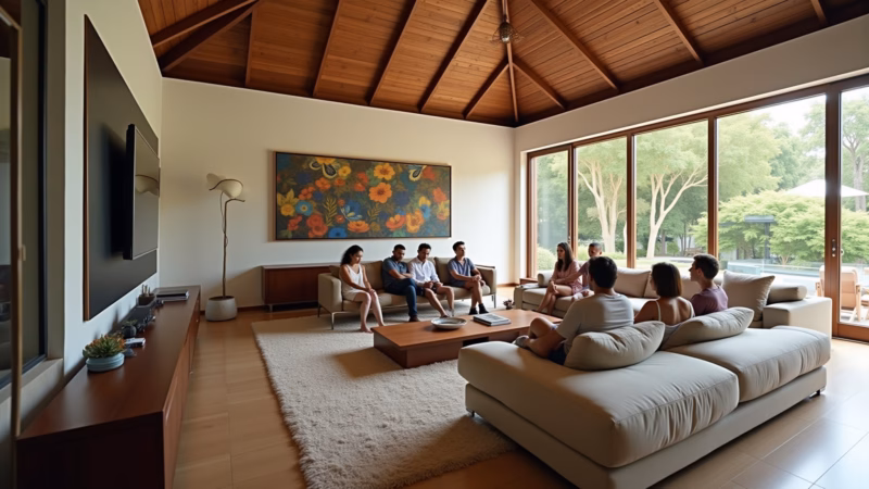 Sala elegante com forro de madeira Tauari e amigos reunidos.