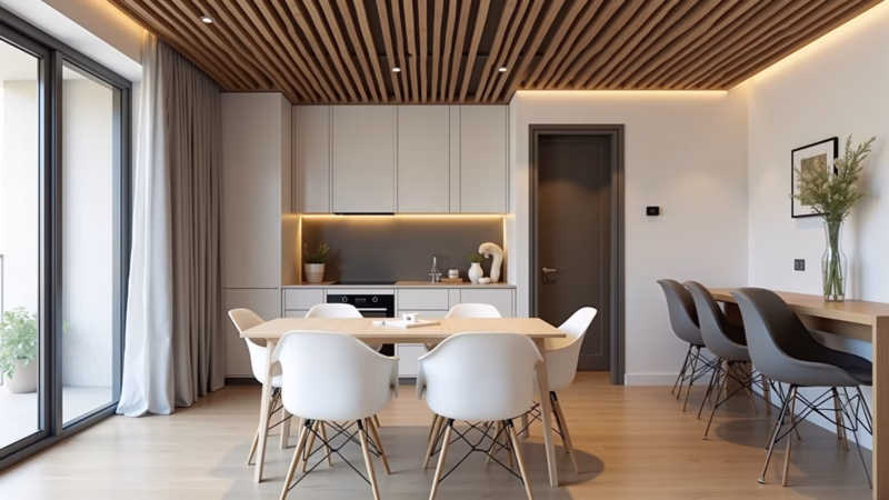 Apartamento moderno com forro de madeira Tauari horizontal e linhas limpas.