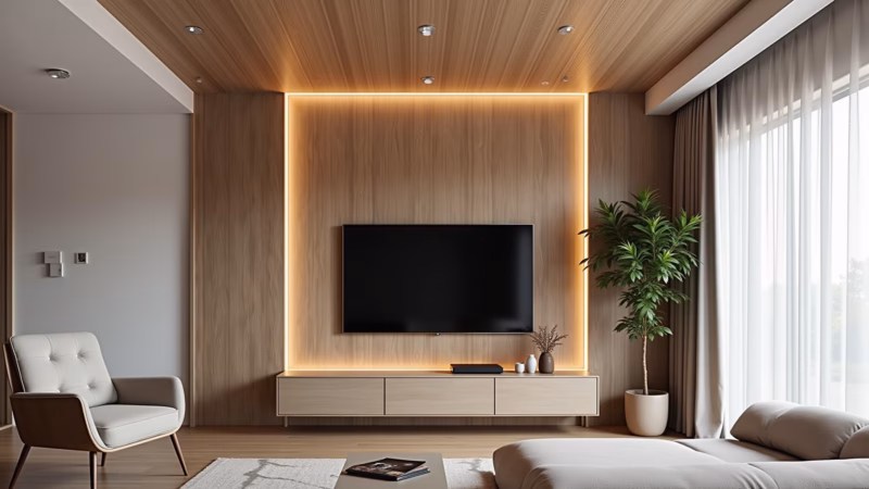 Sala moderna com forro de madeira Tauari e iluminação LED integrada.