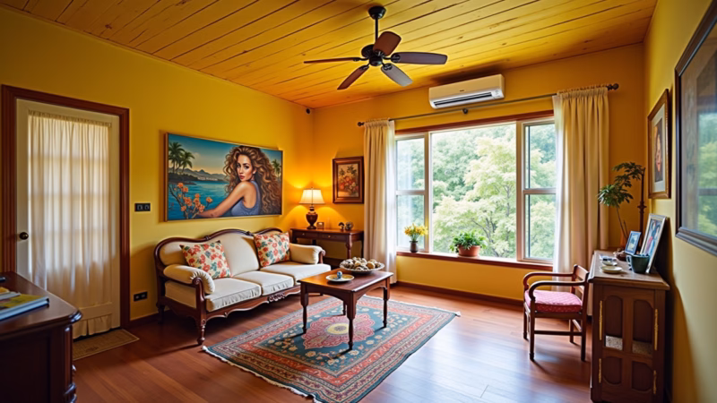 Ambiente vibrante com forro de madeira Tauari amarelado e decoração colorida.