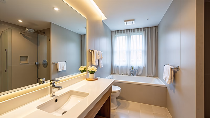 Apartment bathroom, large mirror, depth illusion, bright, minimalist decor, natural light, 8K, Espelho grande em banheiro de apartamento, ampliando o espaço.