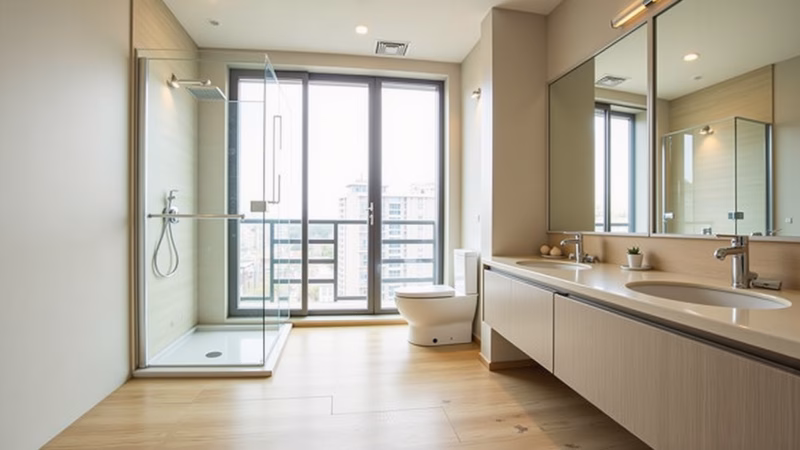 Apartment bathroom, sliding door, transparent glass, integrated space, minimalist decor, natural Box de correr em banheiro de apartamento com vidro transparente.