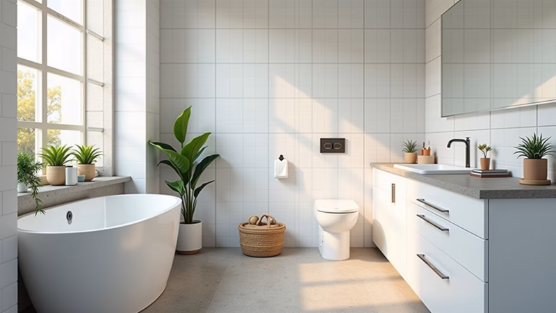 Bright bathroom, light color palette, white tiles, minimalist decor, plants, natural lighting, 8K, Banheiro pequeno com cores claras e plantas, criando sensação de amplitude.