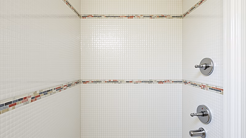 Clean bathroom with white tiles, colorful grout, natural light, 8K quality, professional Banheiro clean com azulejos brancos e rejunte colorido.