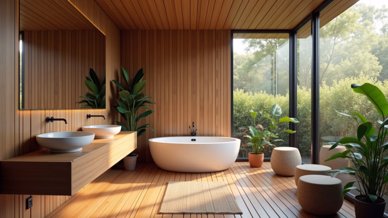 Cozy bathroom with wood-look tiles, natural light, plants, 8K quality, professional photography, Banheiro aconchegante com azulejos que imitam madeira.