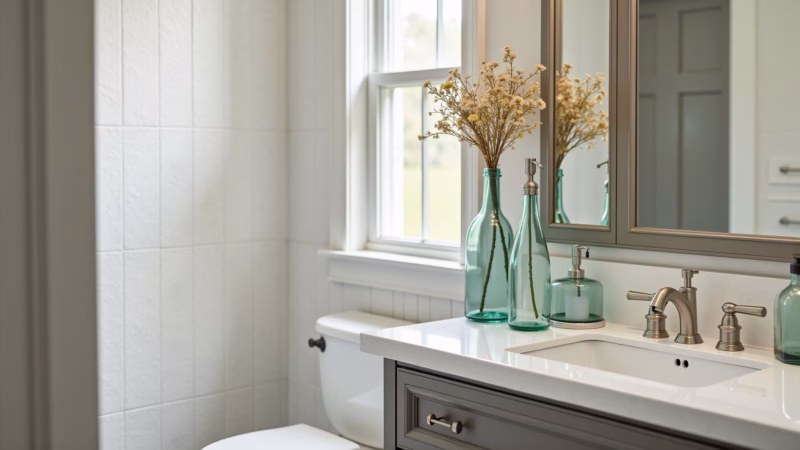 Banheiro elegante decorado com garrafas de vidro reutilizadas.
