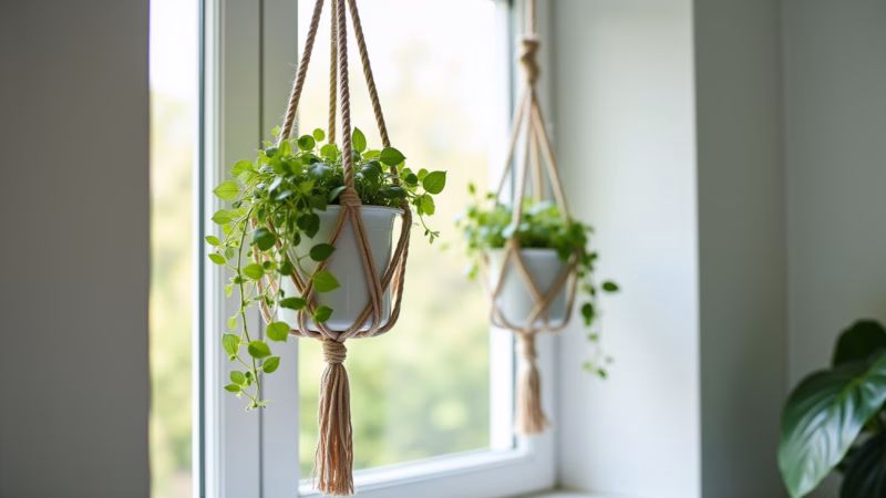Banheiro fresco com vasos de plantas suspensos em macramê.