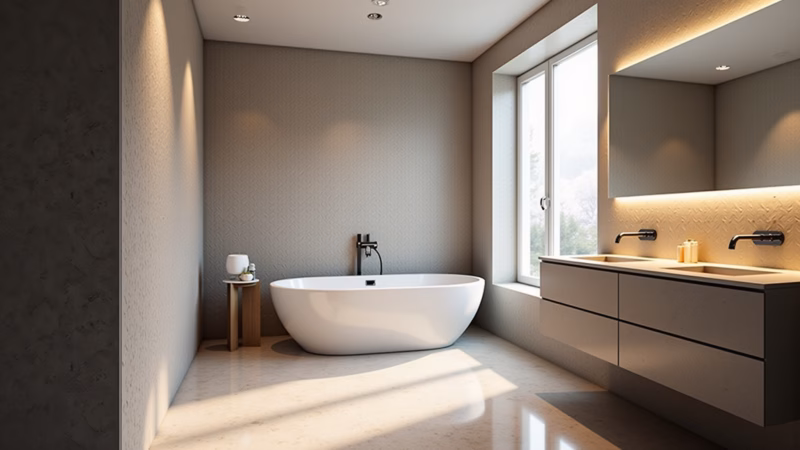 Luxurious bathroom with 3D textured tiles, spotlighting, natural light, 8K quality, professional Banheiro luxuoso com azulejos 3D e iluminação.