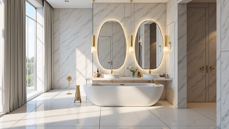 Luxurious bathroom with marble-look tiles, golden fixtures, natural light, 8K quality, professional Banheiro luxuoso com azulejos marmorizados.