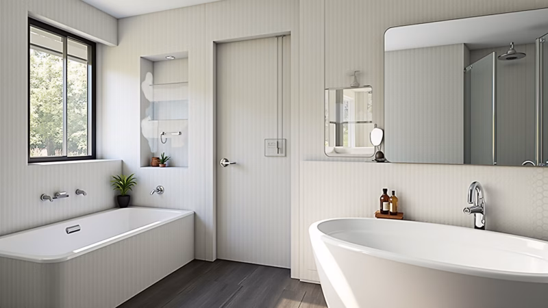 Modern bathroom with hexagonal tiles, geometric design, natural light, 8K quality, professional Banheiro moderno com azulejos hexagonais.