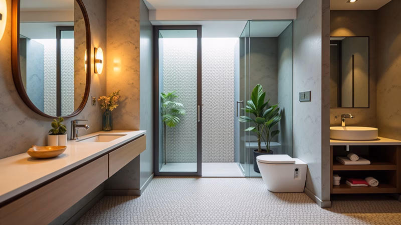 Modern bathroom with patterned tiles, focus on accent wall, vibrant colors, natural light, 8K Banheiro moderno com azulejos decorados na parede.