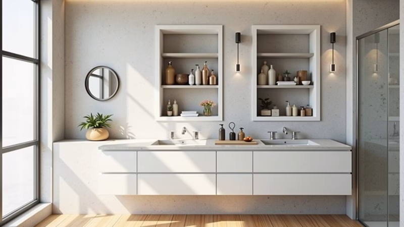 Organized bathroom, niches, shelves, hygiene products, minimalist decor, natural light, 8K, Nichos e prateleiras para organização em banheiro pequeno.