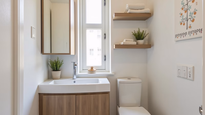 Small bathroom, custom furniture, optimized space, under sink cabinet, minimalist decor, natural Móveis planejados para otimizar espaço em banheiro pequeno.