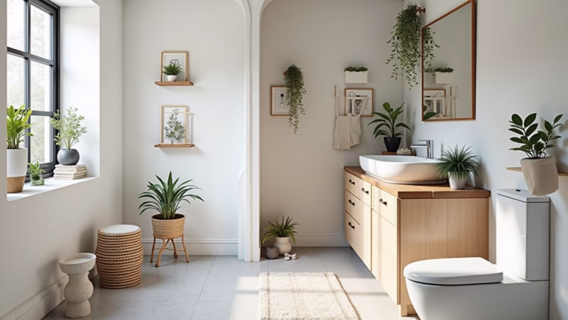Small bathroom, functional accessories, stylish details, plants, organized, minimalist, natural Acessórios que fazem a diferença em banheiro pequeno.