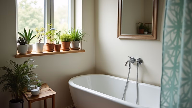 Small bathroom, plants, fresh air, succulents, minimalist decor, natural light, 8K, lifestyle Plantas trazendo vida e frescor para banheiro pequeno.